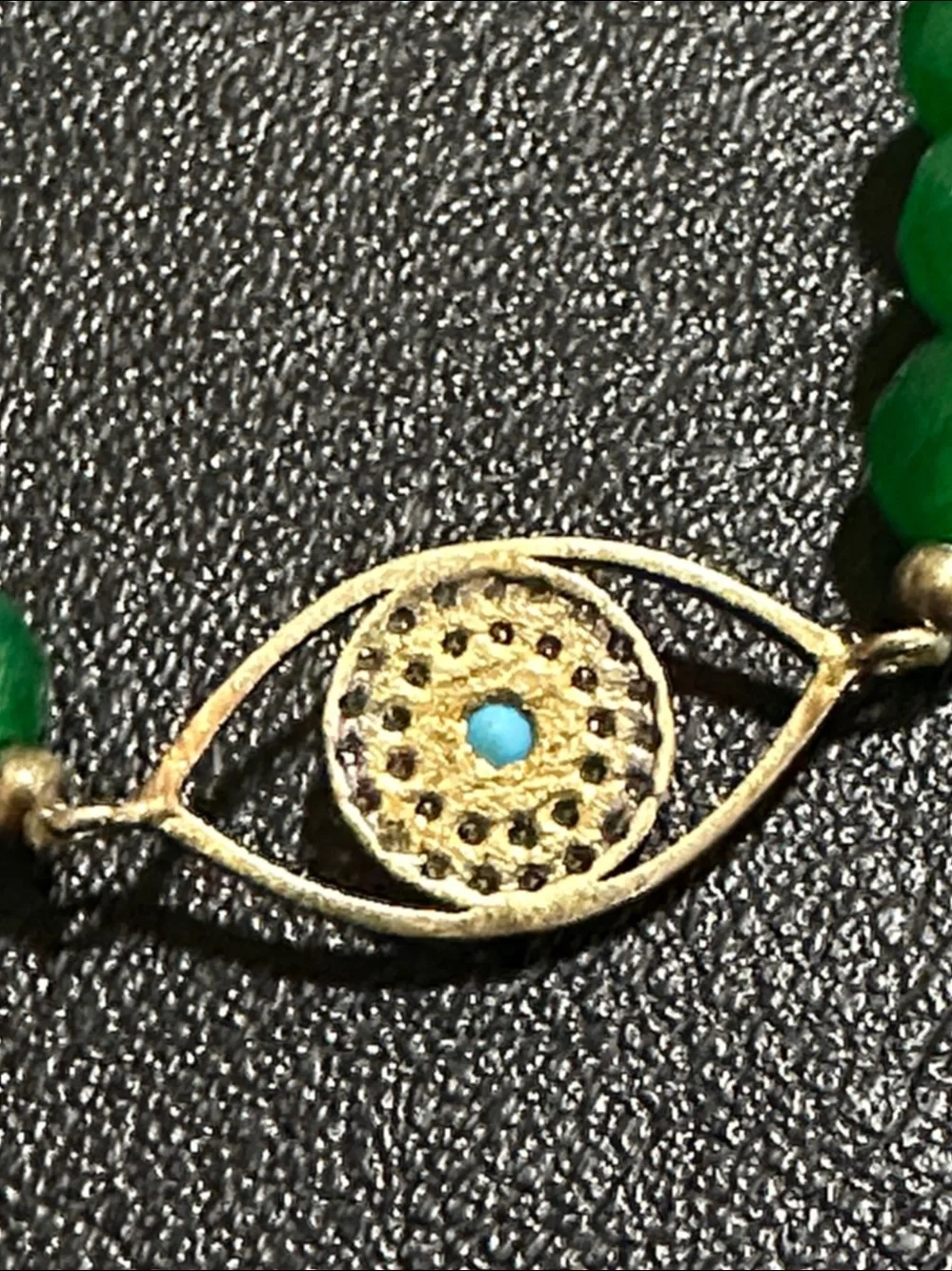 6mm Faceted Green Gemstone Evil Eye Protection Stretch Bracelet Gold-Tone